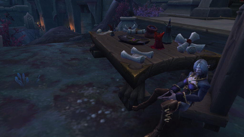 WoW Venthyr is sitting at a table with scrolls